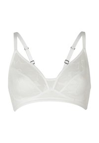 Bralette bianco in pizzo con spalline regolabili, motivo floreale, coppe triangolari, texture liscia e una fascia morbida per il supporto.