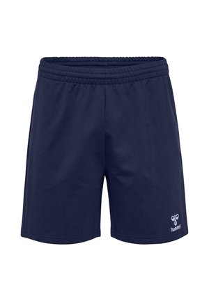 Tengerészkék atlétikai rövidnadrág elasztikus derékpánttal, térd hosszúságú, és kis fehér Hummel logó a jobb alsó lábszáron.