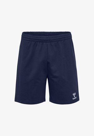 Tengerészkék atlétikai rövidnadrág elasztikus derékpánttal, térd hosszúságú, és kis fehér Hummel logó a jobb alsó lábszáron.