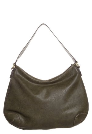 Tummanvihreä nahkainen olkalaukku, jossa on yksi hihna ja hillityt ompeludetaljit, asetettuna litteästi valkoista taustaa vasten.