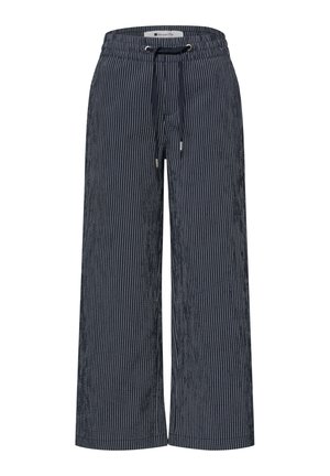 Marineblaue, weit geschnittene Hosen mit weißen vertikalen Nadelstreifen, elastischem Bund und schwarzem Kordelzug mit Metallenden.