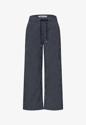 Marineblaue, weit geschnittene Hosen mit weißen vertikalen Nadelstreifen, elastischem Bund und schwarzem Kordelzug mit Metallenden.