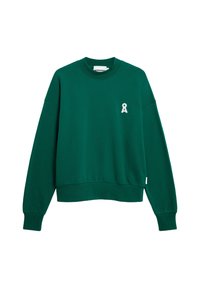 Grüner Sweatshirt mit rundem Ausschnitt, fallenden Schultern und gerippten Bündchen. Verfügt über ein kleines weißes Logo auf der linken Brust. Weiches Material.