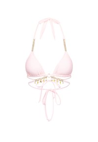 Roze bikini bovenstuk met driehoekige cups, decoratieve gouden accessoires en parelaccenten. Touwtjes bij de hals en rug voor een verstelbare pasvorm.