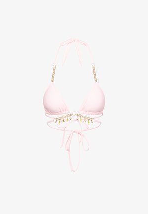 Rosa Bikini-Oberteil mit dreieckigen Cups, dekorativer goldener Hardware und Perlenakzenten. Bänder zum Binden am Hals und Rücken für eine verstellbare Passform.