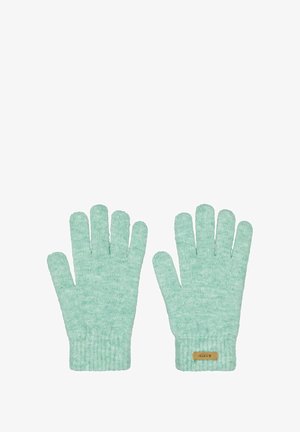 Ein Paar mintgrüne Strickhandschuhe mit gerippten Bündchen und einem kleinen beige Etikett, das auf einer Seite angenäht ist. Weiche Textur, Standardhandschuhform.