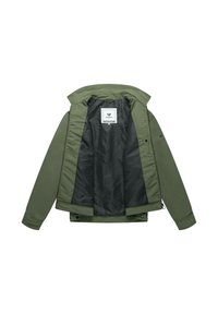 Veste verte avec doublure intérieure noire, ouverte pour montrer l'intérieur et l'étiquette de la marque sur le panneau supérieur du dos.