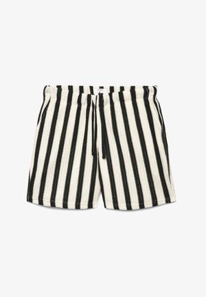 Pantaloncini a maglia a righe verticali bianche e nere con vita elasticizzata e coulisse frontale.