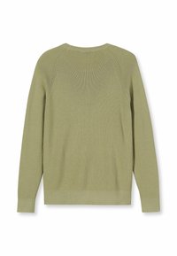 Strickpullover in hellem Olivgrün mit Rippstruktur, langen Ärmeln und rundem Ausschnitt sowie geradem Saum.