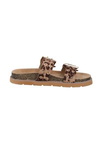 Braune Sandalen mit zwei Riemen, runden Ausschnitten und goldenen Hardware-Akzenten. Texturiertes Fußbett und Gummisohle. Lässiges Design mit offenem Zehenbereich.