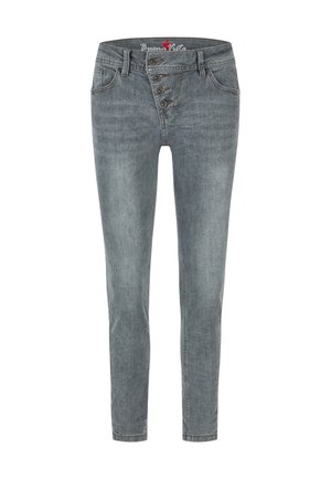 Slim fit grå denim jeans med fire knapper og forlommer, mærket Buena Vista indeni linningen.