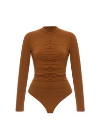 Długi rękaw bodysuit w kolorze brązowym z wysokim kołnierzykiem, z bocznymi marszczeniami, gładką teksturą oraz dopasowanym kształtem z koronkowym tyłem.