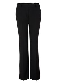 Zwarte broek met een rechte pijpdesign, gemaakt van gladde stof. Heeft een tailleband met riemlussen en voorste vouwdetails.