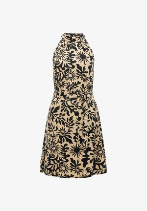 Beżowa sukienka bez rękawów z czarnym, abstrakcyjnym kwiatowym wzorem, z dekoltem halter i paskiem wiązanym w talii.