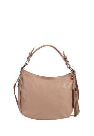 Beigefarbene Lederhandtasche mit verstellbarem kurzem Henkel, langem Schulterriemen und einem Quastenanhänger mit kleinem italienischem Flaggen-Detail.
