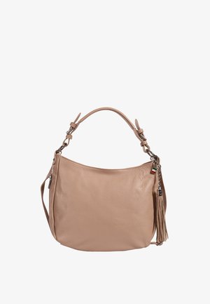 Beigefarbene Lederhandtasche mit verstellbarem kurzem Henkel, langem Schulterriemen und einem Quastenanhänger mit kleinem italienischem Flaggen-Detail.