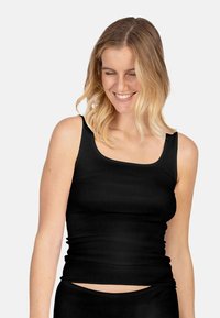 Black, fitted tank top with wide straps and a rounded neckline. Smooth, stretchy fabric with a snug fit, worn with matching bottoms.
