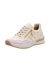 Hellebeige Wildledersneaker mit lavendelfarbenen Akzenten, strukturierten cremefarbenen Einsätzen, grauen Schnürsenkeln und einem dekorativen goldenen Reißverschluss an der Seite.