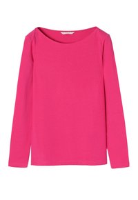 Pitkähihaisen paidan kirkkaan pinkki väri, leveä pääntie ja pehmeä puuvillamateriaali. Yksinkertainen malli ilman kuvioita tai korostuksia.