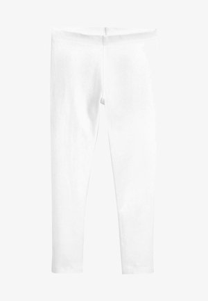 Leggings blancs en matériau extensible et lisse. Design ajusté avec une taille élastique. Aucune décoration ou matériel notable visible.