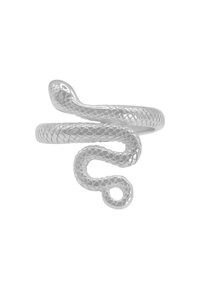 Anello in argento a forma di serpente, con un design texturizzato e arrotolato. Presenta una testa liscia e dettagli intricati delle squame lungo la fascia. Forma curve.