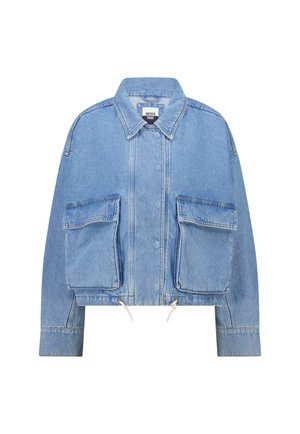Light blue cropped denim jacket with large front flap pockets, long sleeves, collar, and drawstrings at the hem.