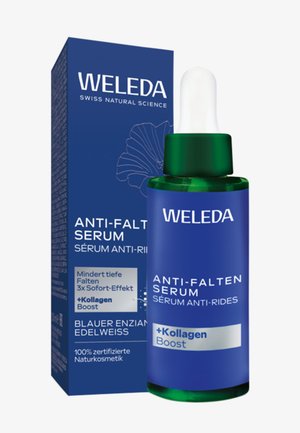Weleda Anti-Falten-Serum in einer grünen Glasflasche mit einem Tropfer. Die blaue Verpackung zeigt weißen Text und florale Designelemente.