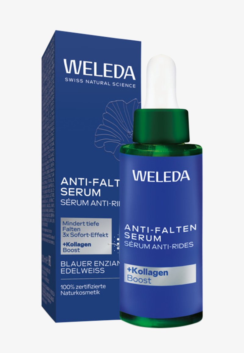 Weleda Anti-Falten-Serum in einer grünen Glasflasche mit einem Tropfer. Die blaue Verpackung zeigt weißen Text und florale Designelemente.
