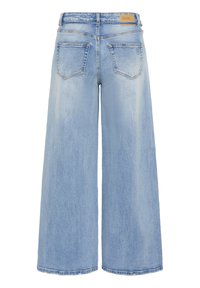 Light blue wide-leg denim jeans with back pockets and a brown patch label on the waistband.