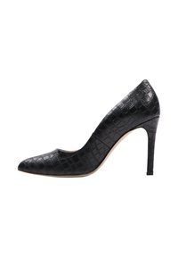 Pumps neri con tacco alto realizzati in pelle sintetica testurizzata, con punta affusolata e tacco stiletto sottile con una finitura decorata.