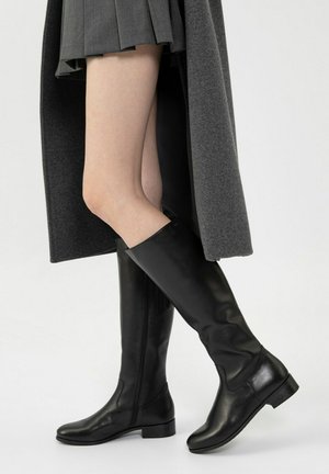 Black knee-high leather boots with a rounded toe and a low block heel. Smooth texture with a side zipper and sleek design.