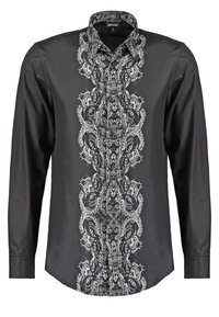 Camicia nera a maniche lunghe con un motivo floreale bianco ornamentale lungo il centro. Realizzata in tessuto morbido con colletto classico e design aderente.