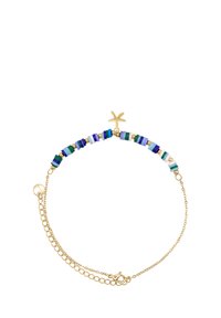 Pulsera de cadena de oro con cuentas cilíndricas coloridas en verde, azul, púrpura y blanco; adornada con un colgante de estrella de mar.
