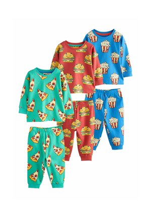 Three sets of children's pajamas with long sleeves and pants, featuring all-over prints of pizza, cheeseburgers, and popcorn on colorful backgrounds.
