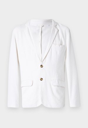 White linen blazer with a notch lapel, single button closure, two front pockets, and a left chest pocket. Subtle textured fabric.