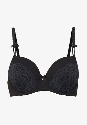 Črna čipkasta modrček z oblazinjenimi skodelicami, zapletenim čipkastim detajlom v zgornjem delu, dekorativno pentljo na sredini in nastavljivimi naramnicami.