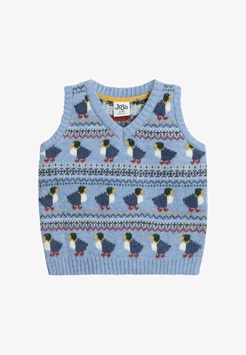 Hele sinine kudumistega beebivest, millel on puffinilindude mustrid tumesiniselt, valgest, rohelisest, punasest ja kollasest, ning ribaga kaelus ja ääred.