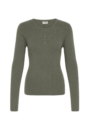 Chaki žalia ilga rankovė smulkiai raštuota megztinis su apvalia apykakle ir trimis mygtukais. Savybės: prigludusi siluetas ir tekstūruotas audinys.