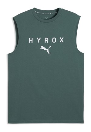 Débardeur de sport vert foncé avec logo Puma blanc et inscription HYROX sur le devant, col rond.