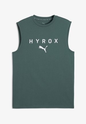 Débardeur de sport vert foncé avec logo Puma blanc et inscription HYROX sur le devant, col rond.