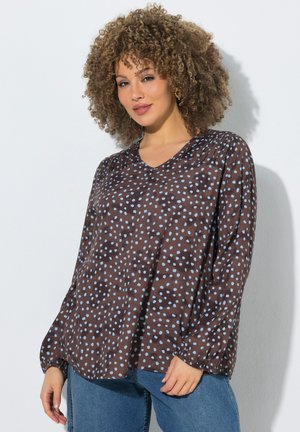 Ulla Popken, POLKA DOT LONG SLEEVE V-NECK BLOUSE - Blouse - dark taupe