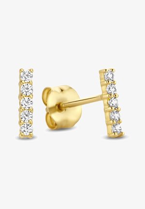 Boucles d'oreilles clous en or avec une rangée verticale de cinq pierres précieuses rondes et claires, sécurisées par des fermoirs papillon sur fond blanc.