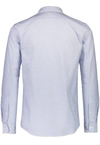 Camicia a maniche lunghe a righe blu chiaro e bianche, colletto button-down, polsini standard, tessuto di cotone liscio. Vista posteriore con orlo a coda.