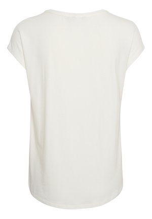 White short-sleeve t-shirt with a relaxed fit, round neckline, smooth texture, and curved hem. No visible patterns or embellishments.