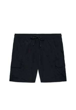 Costume da bagno da uomo nero con vita elastica e coulisse frontale, dotato di tasche cargo laterali con patte con bottoni.