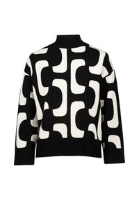 Sweter w czarno-białym wzorze, wykonany z dzianiny, z wysokim kołnierzem i geometrycznymi kształtami, o luźnym kroju.