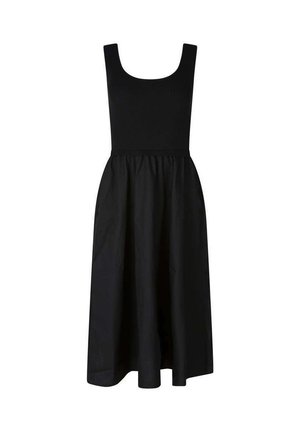 Robe midi noire sans manches avec corsage côtelé ajusté et jupe évasée, dotée d'un décolleté en U et d'une taille froncée.