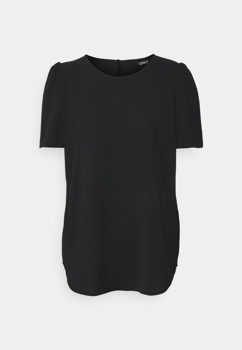 Blouse noire à manches courtes avec encolure ronde et légères fronces aux épaules, présentée sur un fond clair uni.