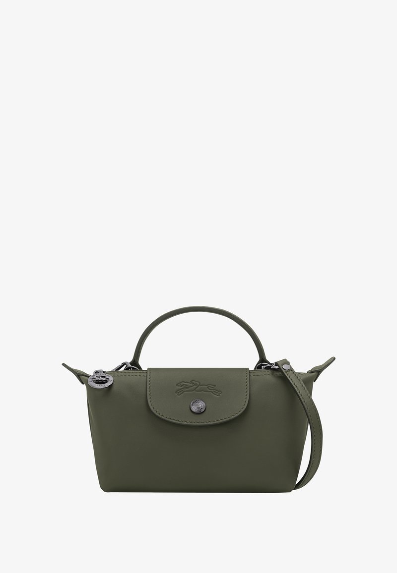 Olive green leather handbag with a rounded shape, top handle, and detachable shoulder strap. Features a snap closure and embossed logo detail.