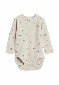 Body beige à manches longues avec des côtes, doté d'une fermeture à boutons sur le devant, d'un petit imprimé floral en marron et vert, et d'une fermeture à pression en bas.
